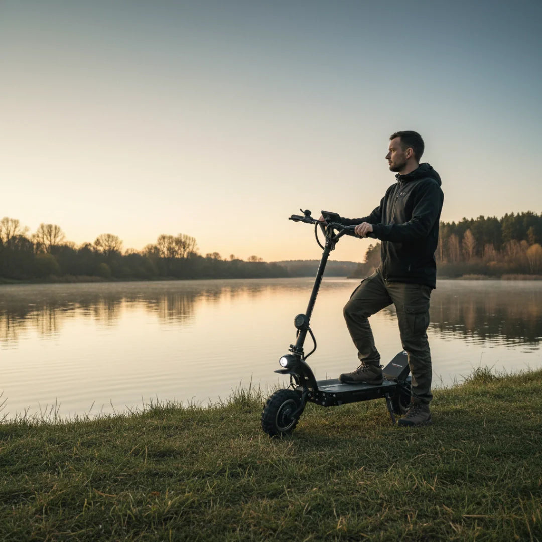 Electric scooter Dualtron Ultra 2 Upgrade – rider by lake at sunrise