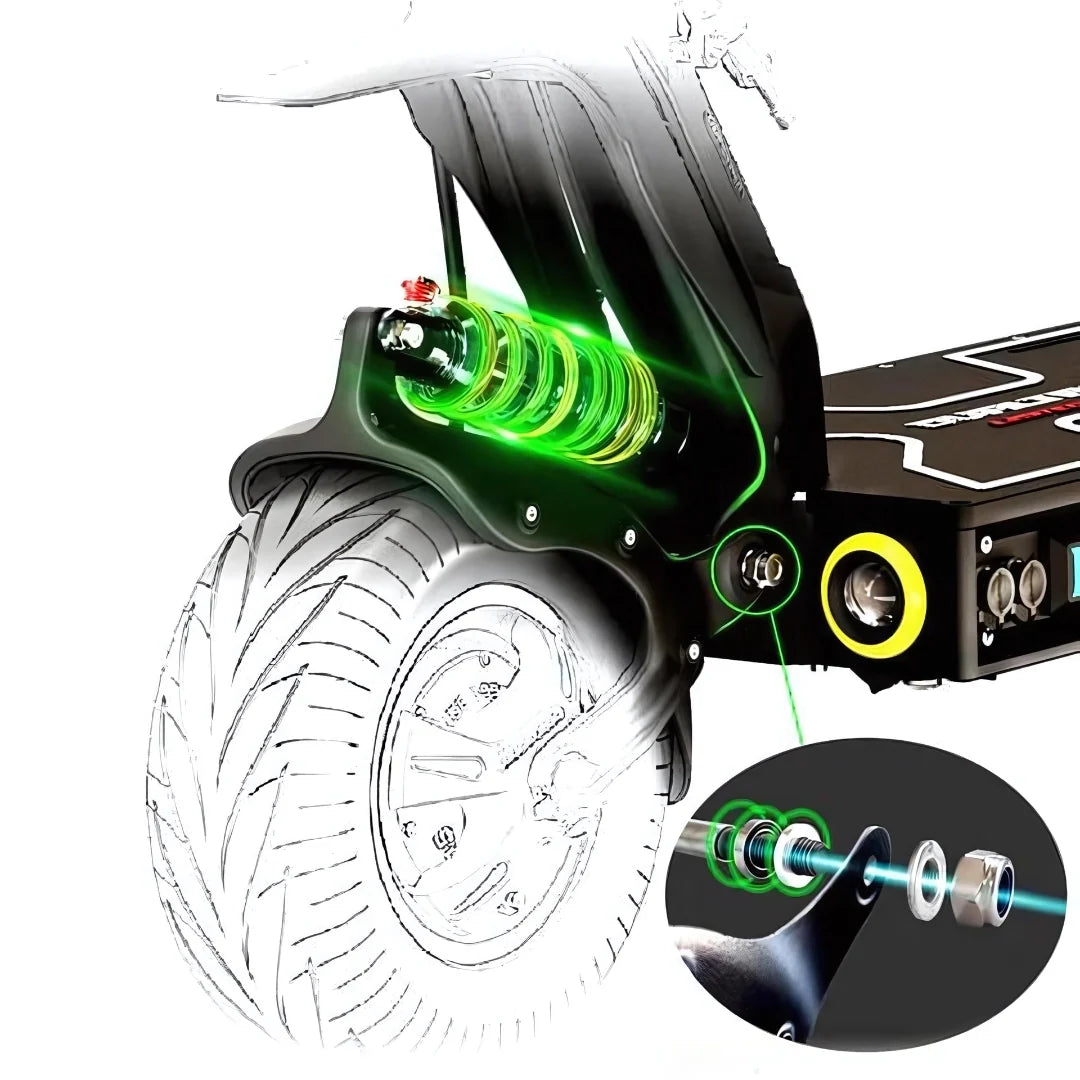 Električni romobil Dualtron X Limited – prednji ovjes s istaknutim komponentama