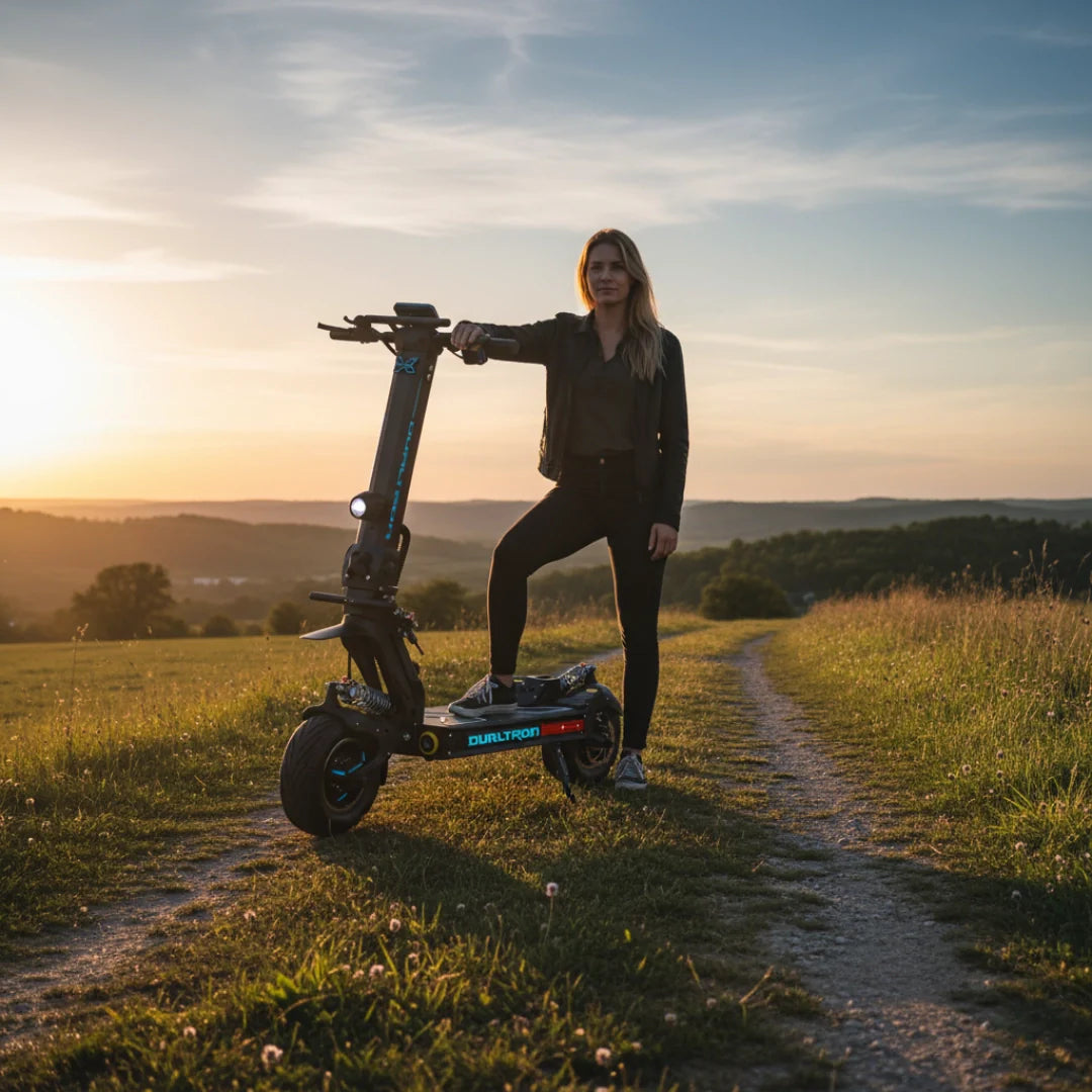 Električni romobil Dualtron X Limited – žena stoji uz romobil pri zalasku sunca
