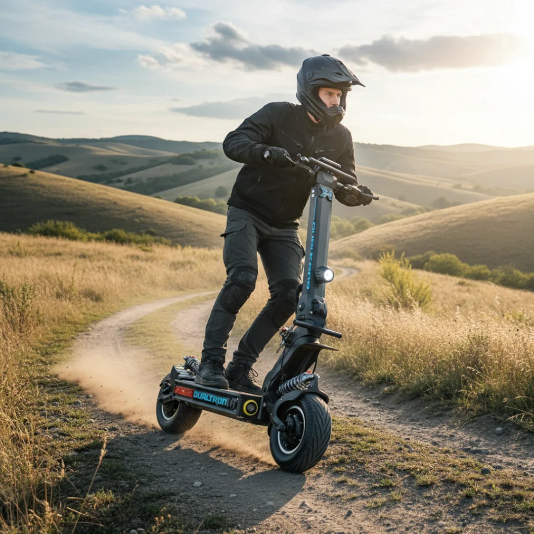 Električni romobil Dualtron X Limited – muškarac vozi romobil po zemljanom putu