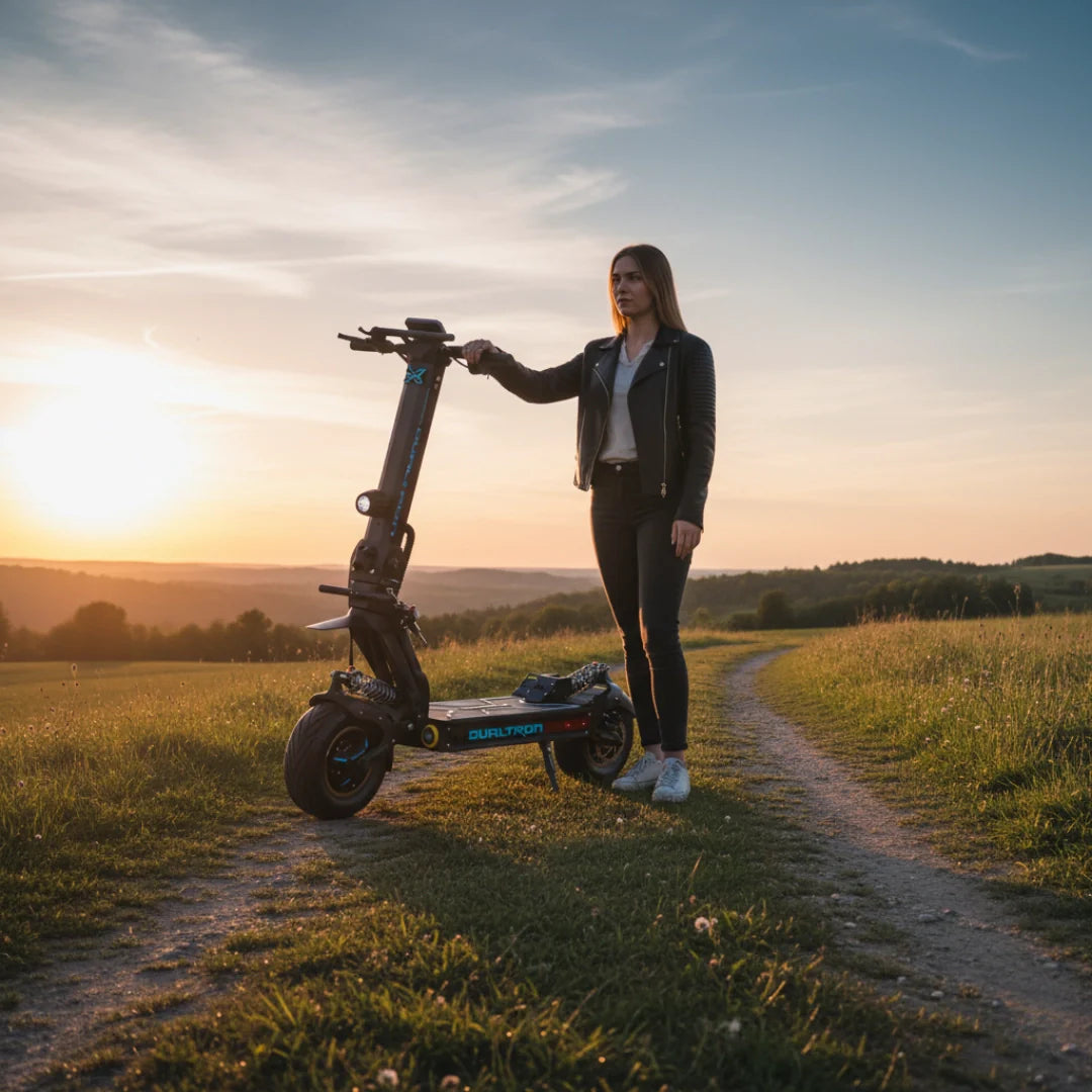 Električni romobil Dualtron X Limited – žena stoji s romobilom u polju