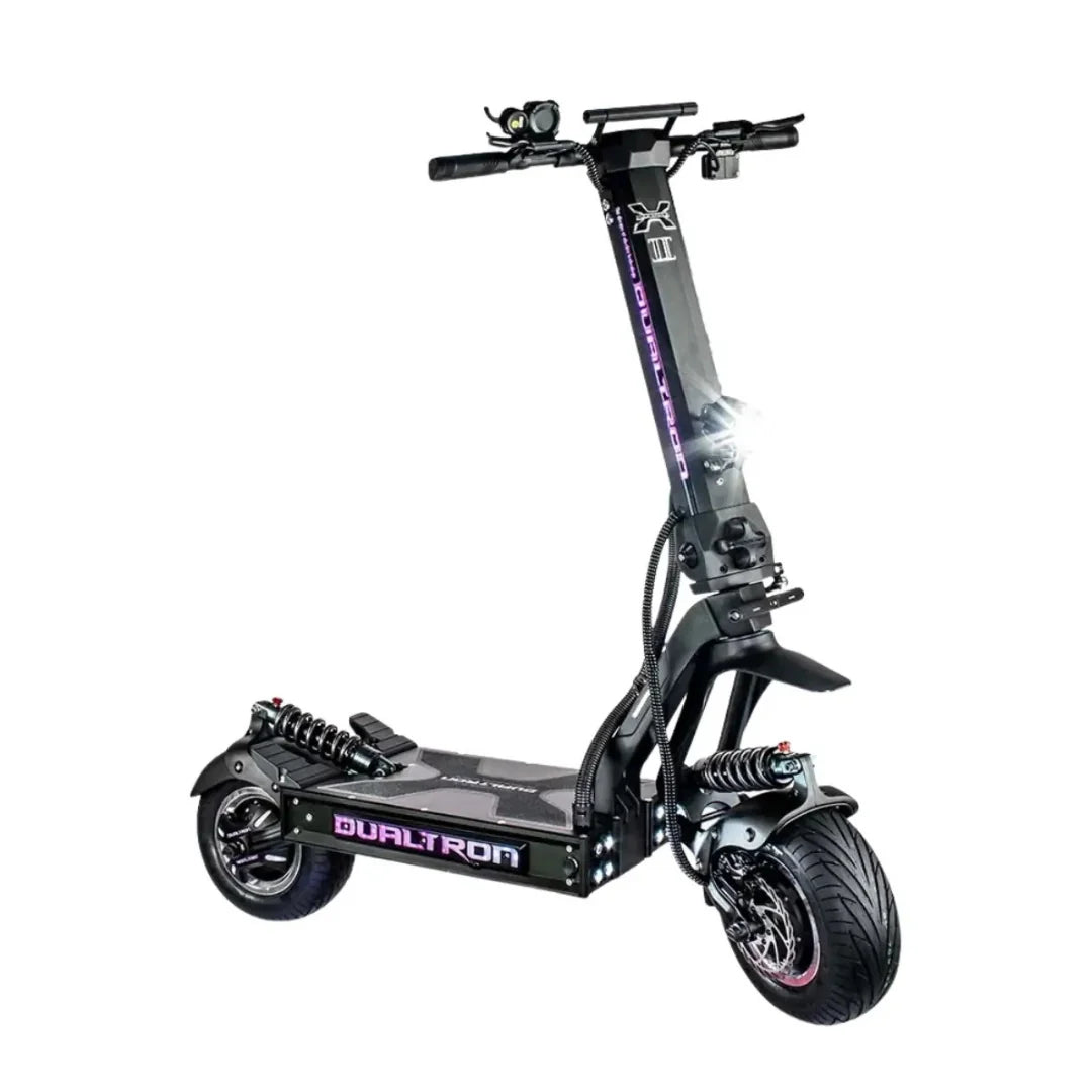 Electric scooter Dualtron X2 UPGRADE – front three-quarter view with lights on