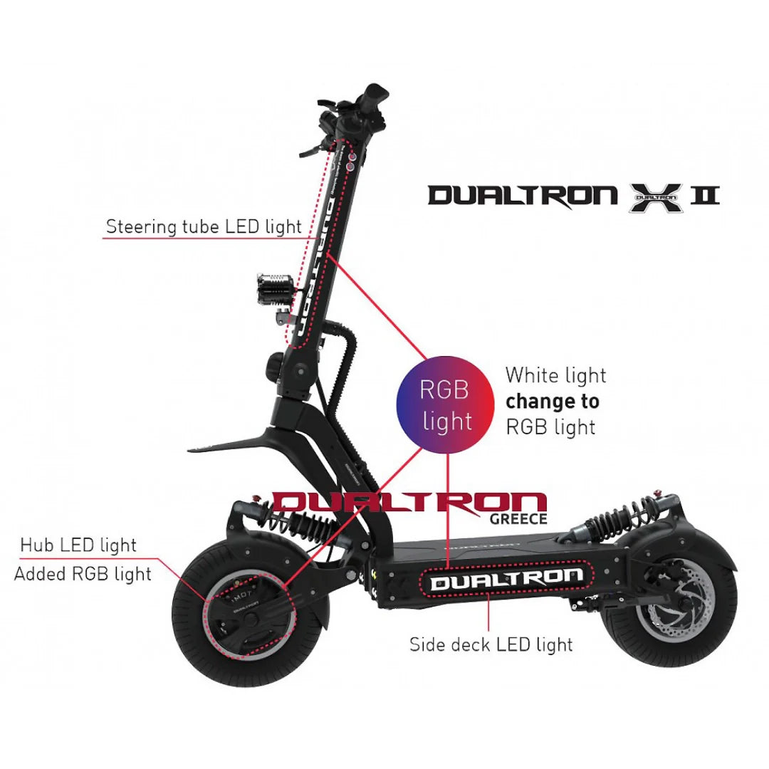 Electric scooter Dualtron X2 UPGRADE – left side view with LED light callouts