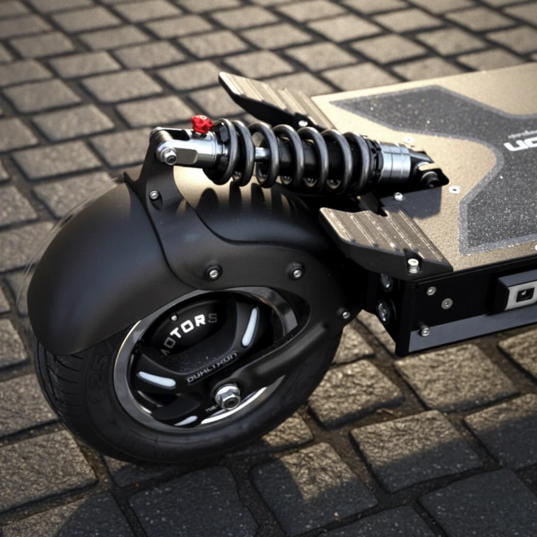 Electric scooter Dualtron X2 UPGRADE – rear wheel, suspension, and deck close-up