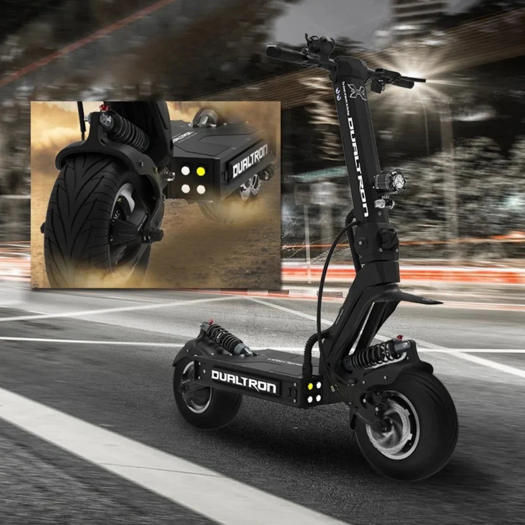 Electric scooter Dualtron X2 UPGRADE – scooter on road with inset detail views