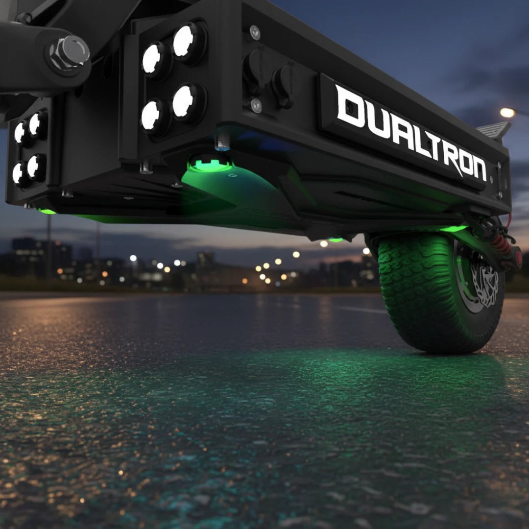 Electric scooter Dualtron X2 UPGRADE – underside with green lights and logo
