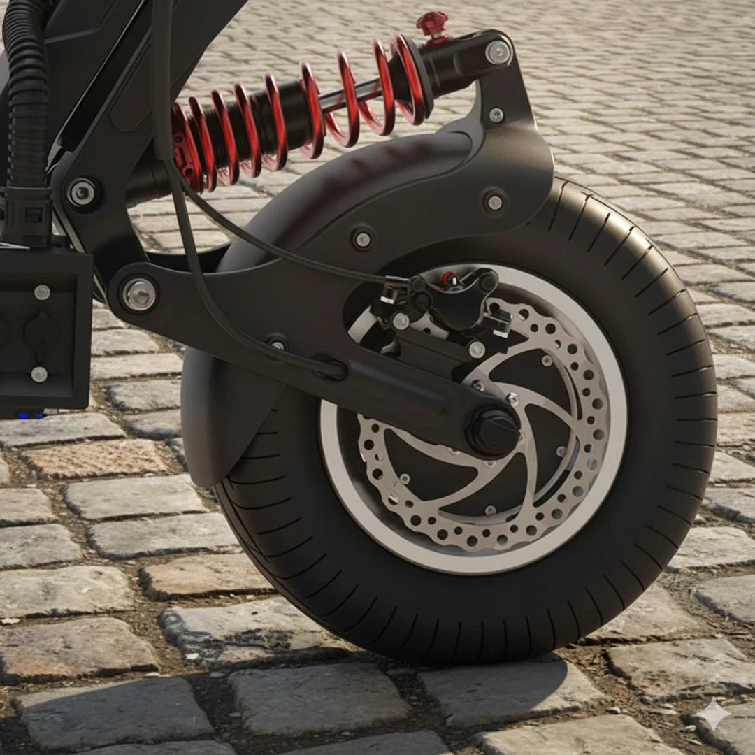 Electric scooter Dualtron X2 UPGRADE – front wheel, suspension, and brake close-up