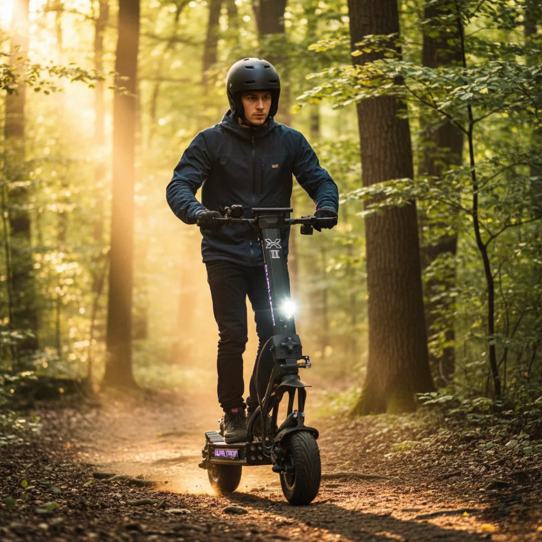 Electric scooter Dualtron X2 UPGRADE – man riding scooter on forest path
