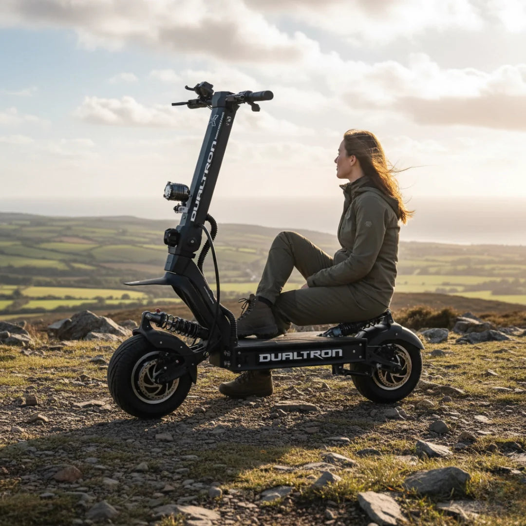 Electric scooter Dualtron X2 UPGRADE – woman sitting on scooter on hilltop