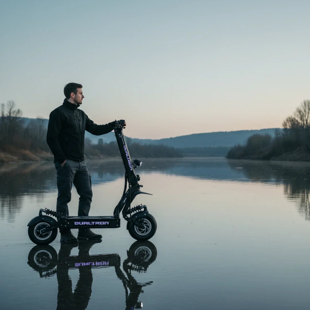 Electric scooter Dualtron X2 UPGRADE – man standing with scooter in shallow water