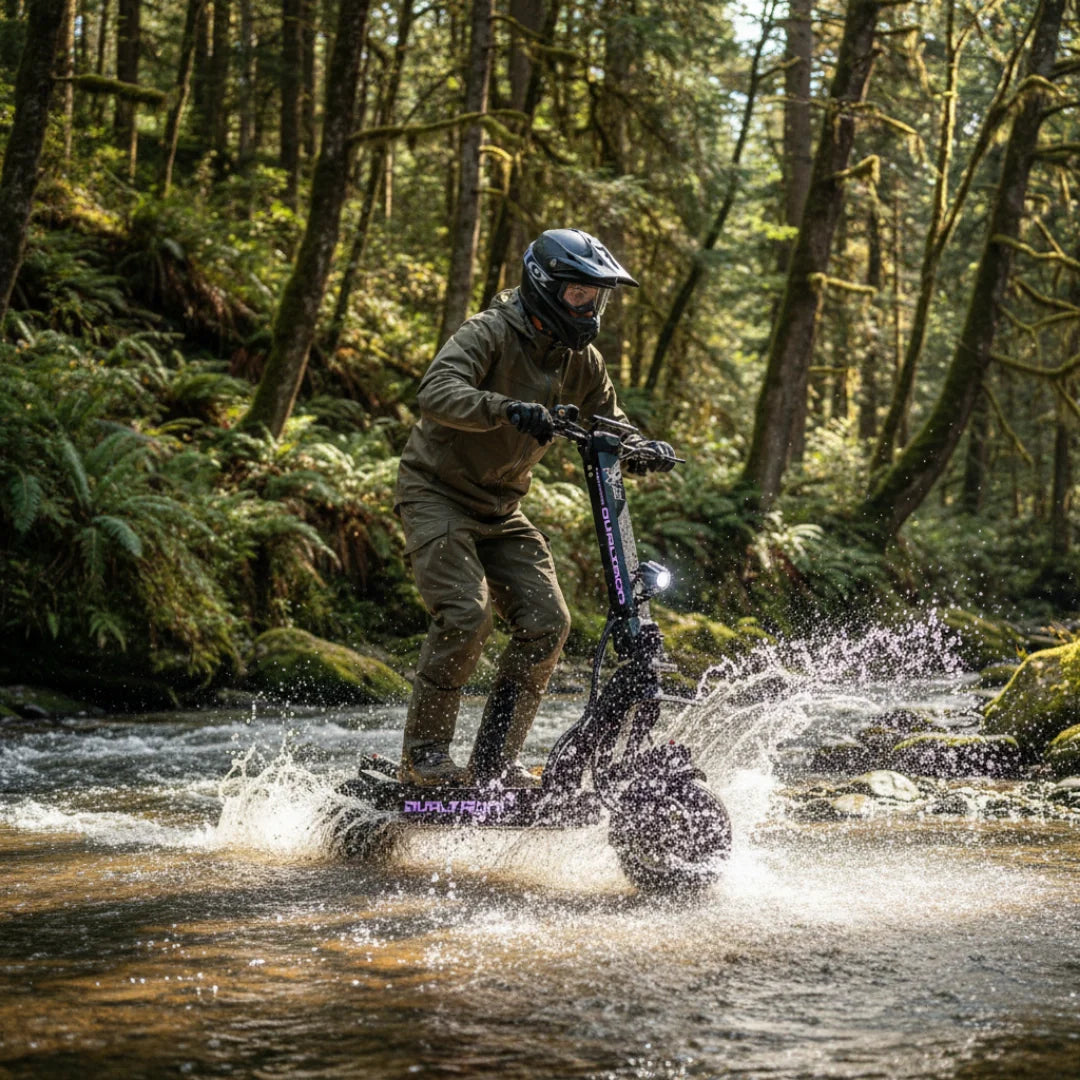 Electric scooter Dualtron X2 UPGRADE – man riding scooter through forest stream