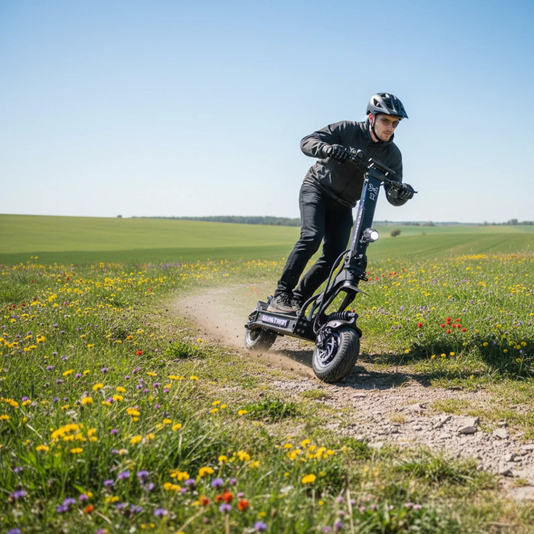 Electric scooter Dualtron X2 UPGRADE – rider on dirt path, field background