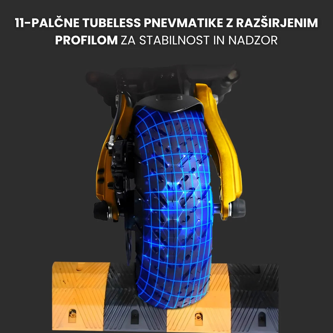 Electric scooter Dualtron NEW ACHILLEUS – front wheel on speed bump, blue grid overlay