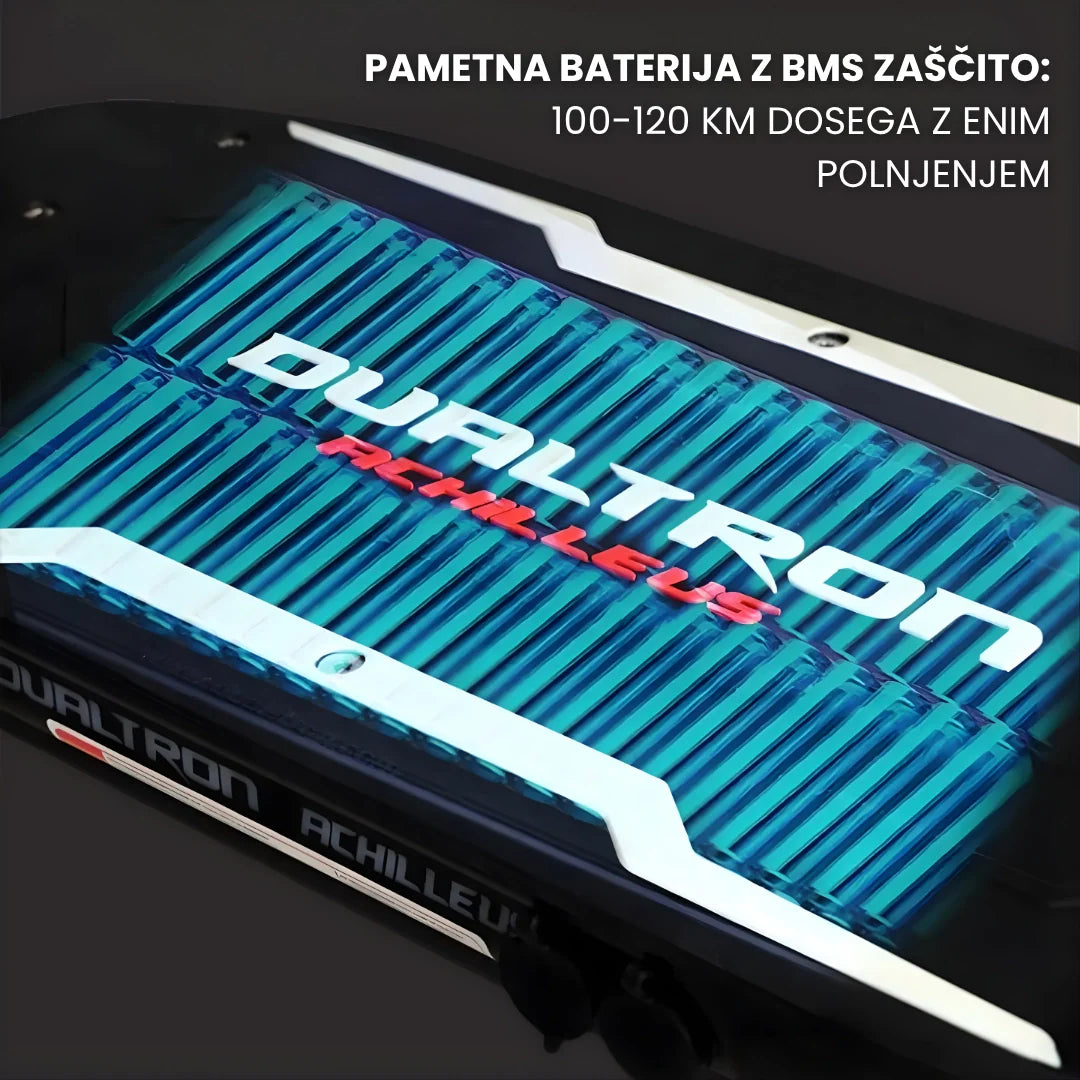 Electric scooter Dualtron NEW ACHILLEUS – battery pack detail with text overlay