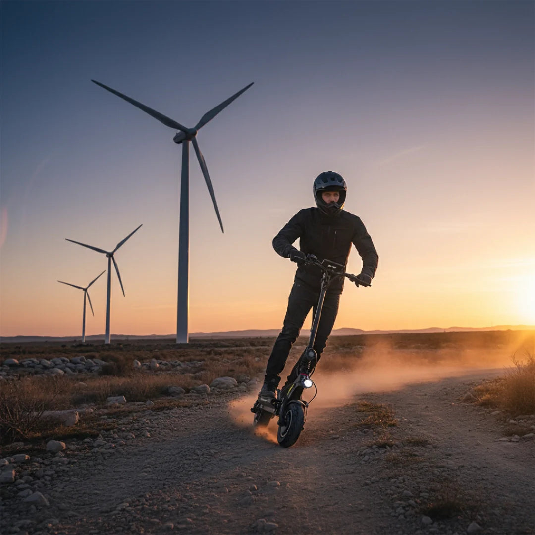 Electric scooter Dualtron NEW ACHILLEUS – rider on dirt path at sunset