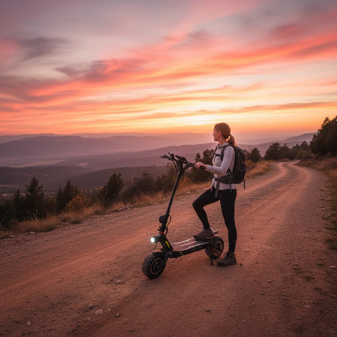 Electric scooter Dualtron NEW ACHILLEUS – person with scooter on dirt road at sunset