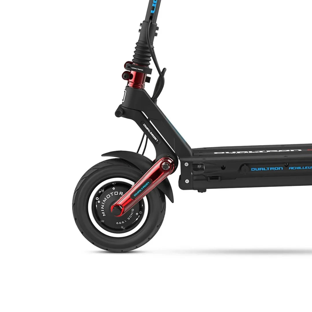 Electric scooter Dualtron Achilleus – front wheel and suspension close-up
