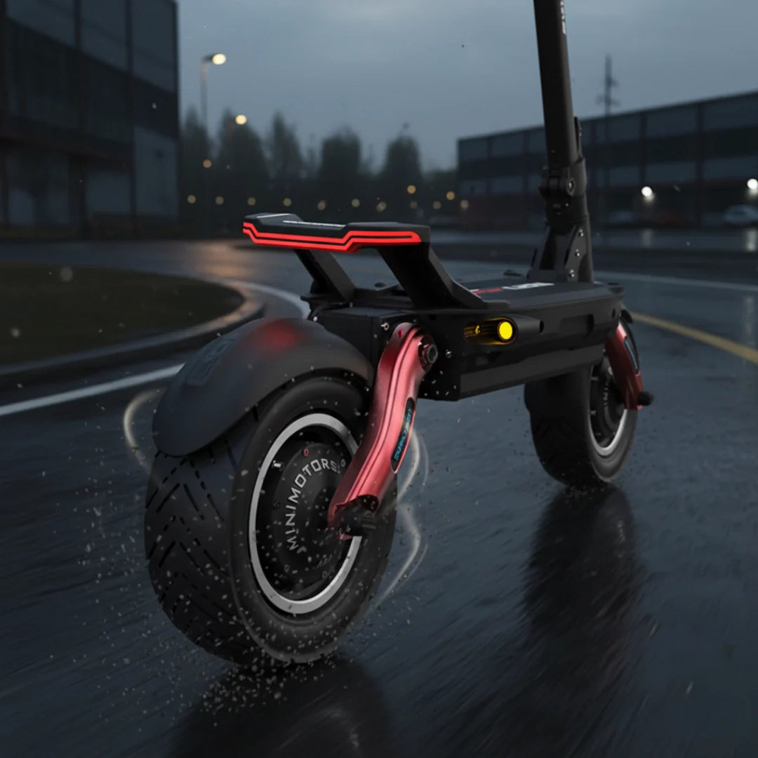 Electric scooter Dualtron Achilleus – rear wheel and tail light on wet road