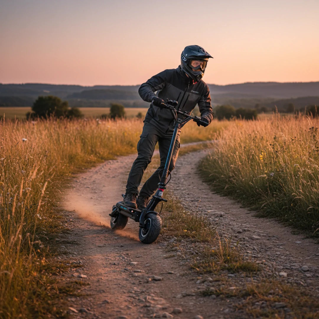 Electric scooter Dualtron Achilleus – rider on dirt path at sunset
