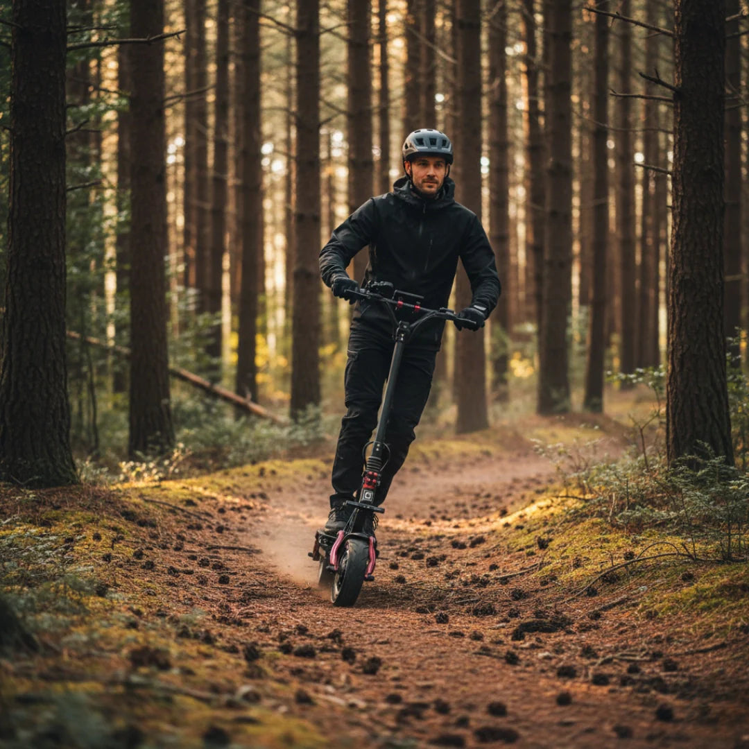 Electric scooter Dualtron Achilleus – rider on forest path