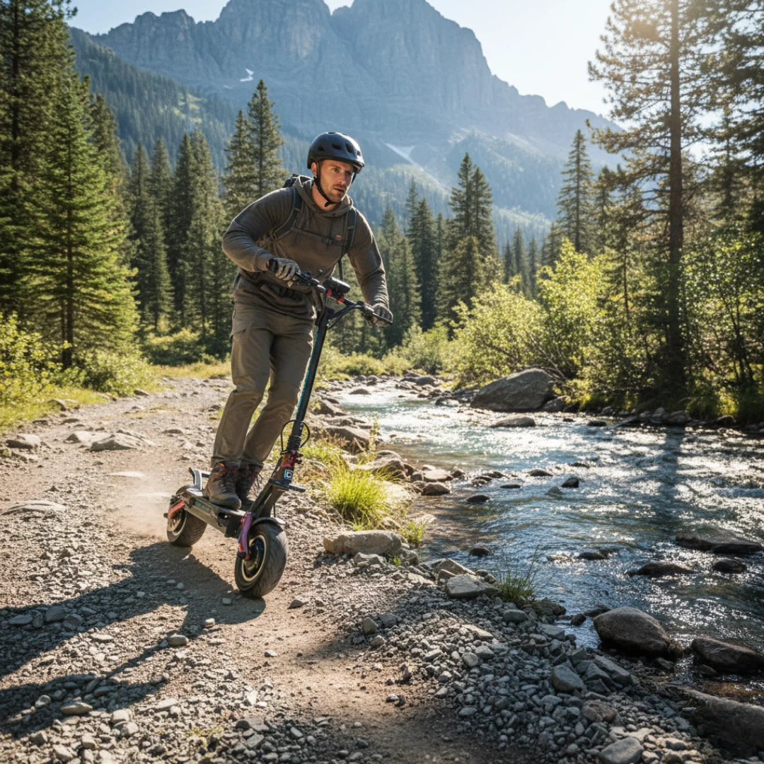 Electric scooter Dualtron Achilleus – rider on dirt path next to river