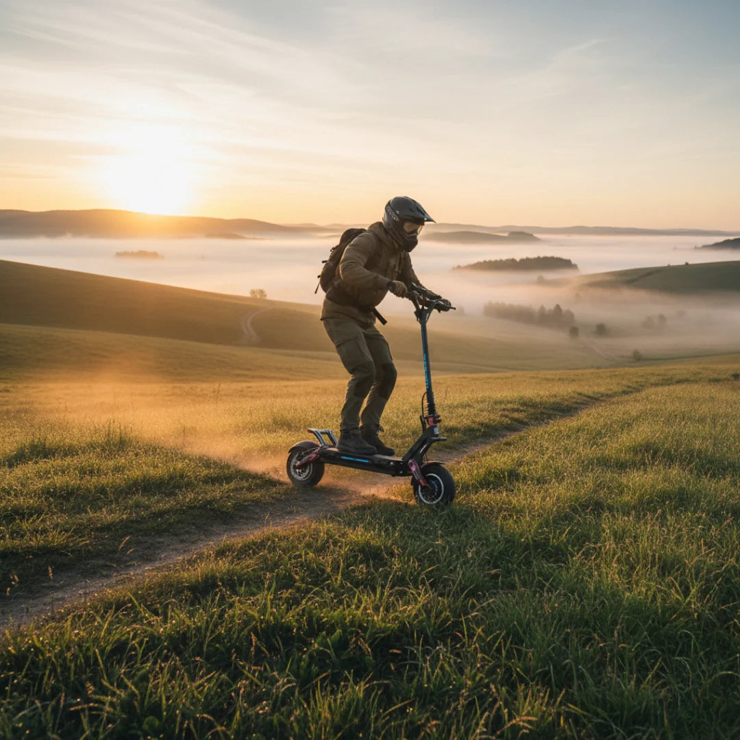 Electric scooter Dualtron Achilleus – rider on dirt path at sunrise