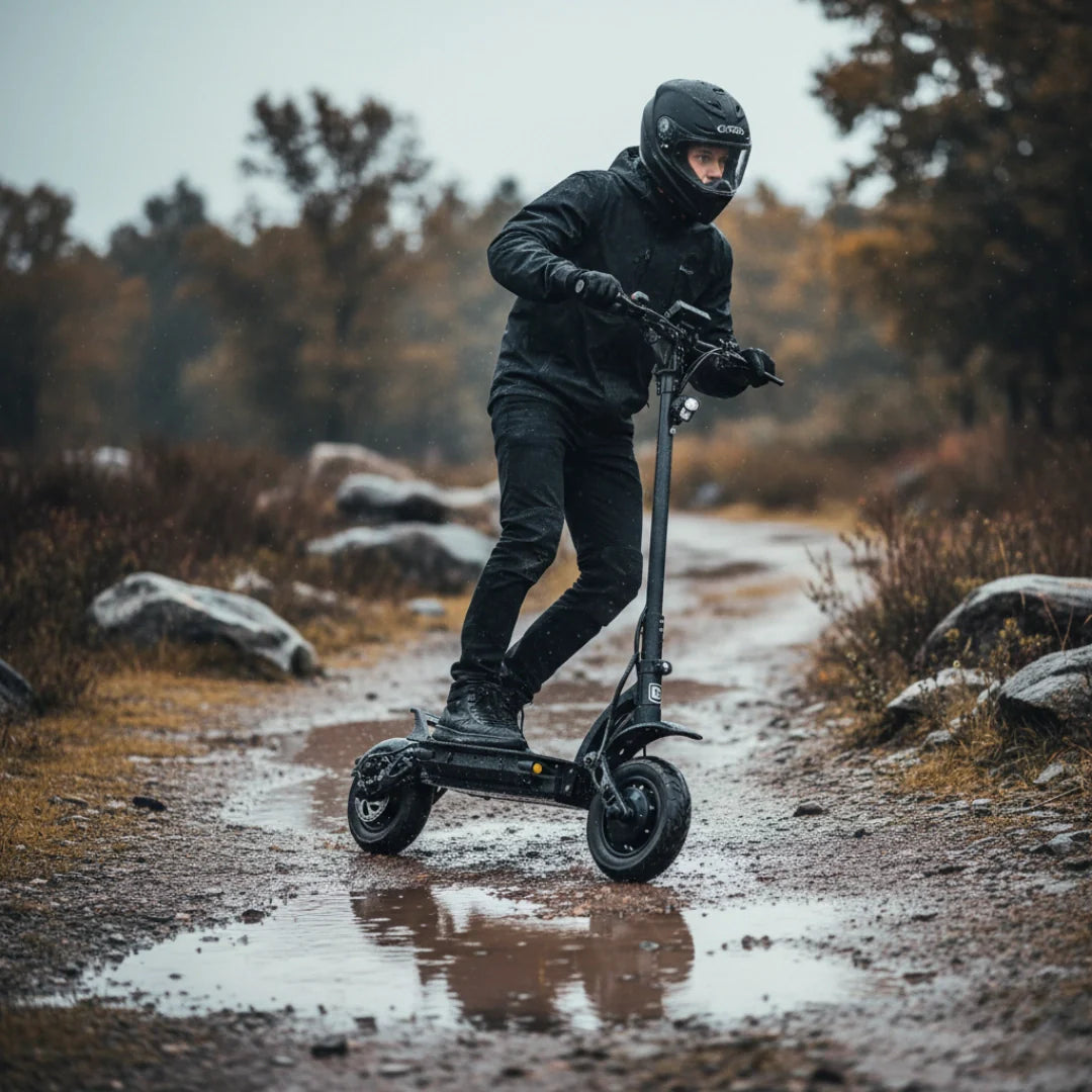 Electric scooter Dualtron Forever – rider on scooter on muddy trail