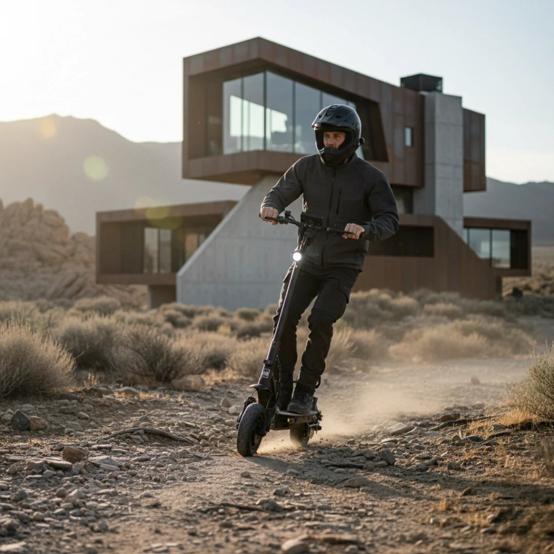 Electric scooter Dualtron Forever – rider on dirt path, modern house background