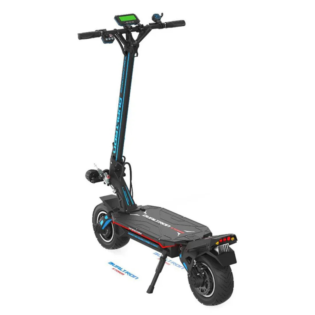 Electric scooter Dualtron Storm Limited – rear three-quarter view, blue accents