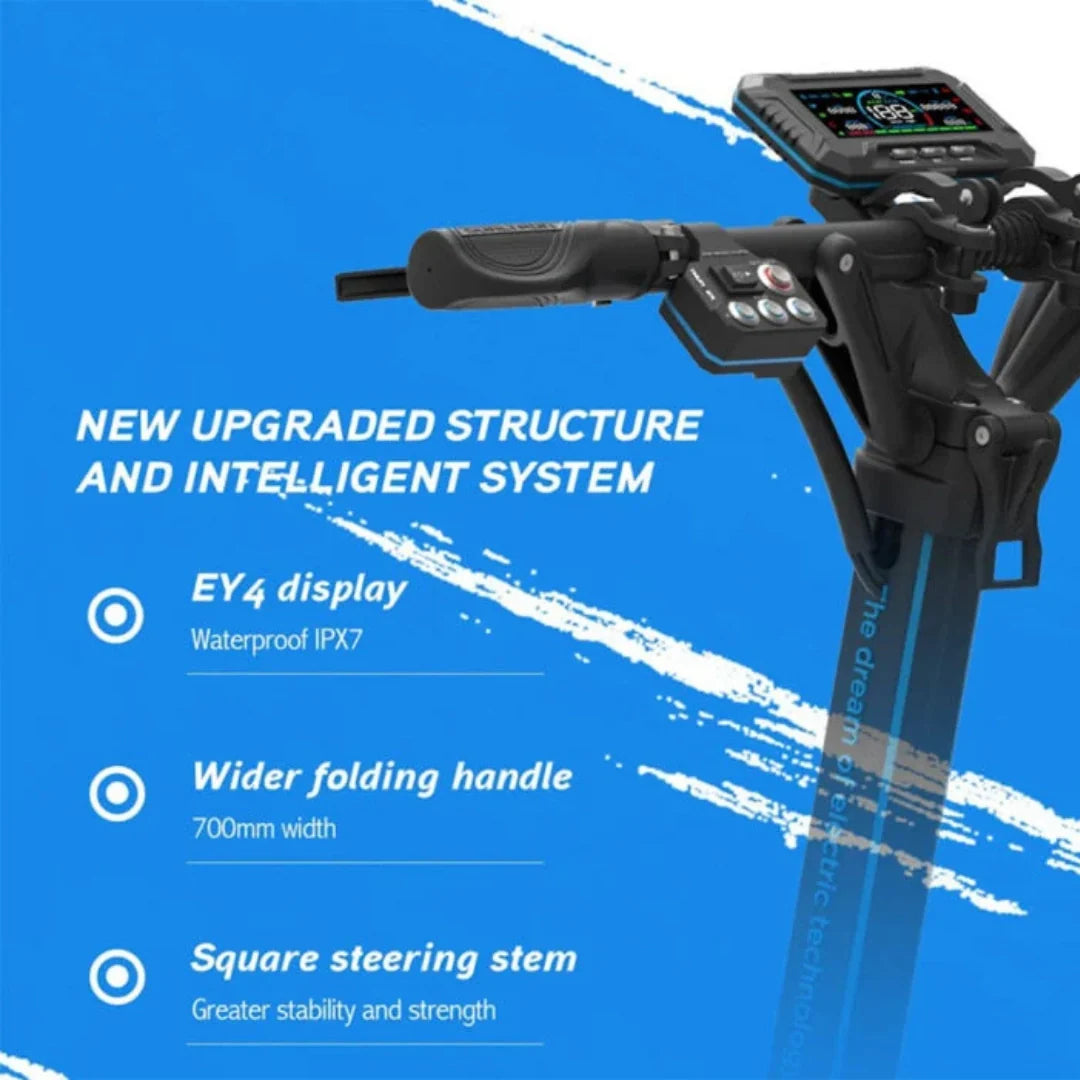 Electric scooter Dualtron Storm Limited – handlebar and display infographic with text