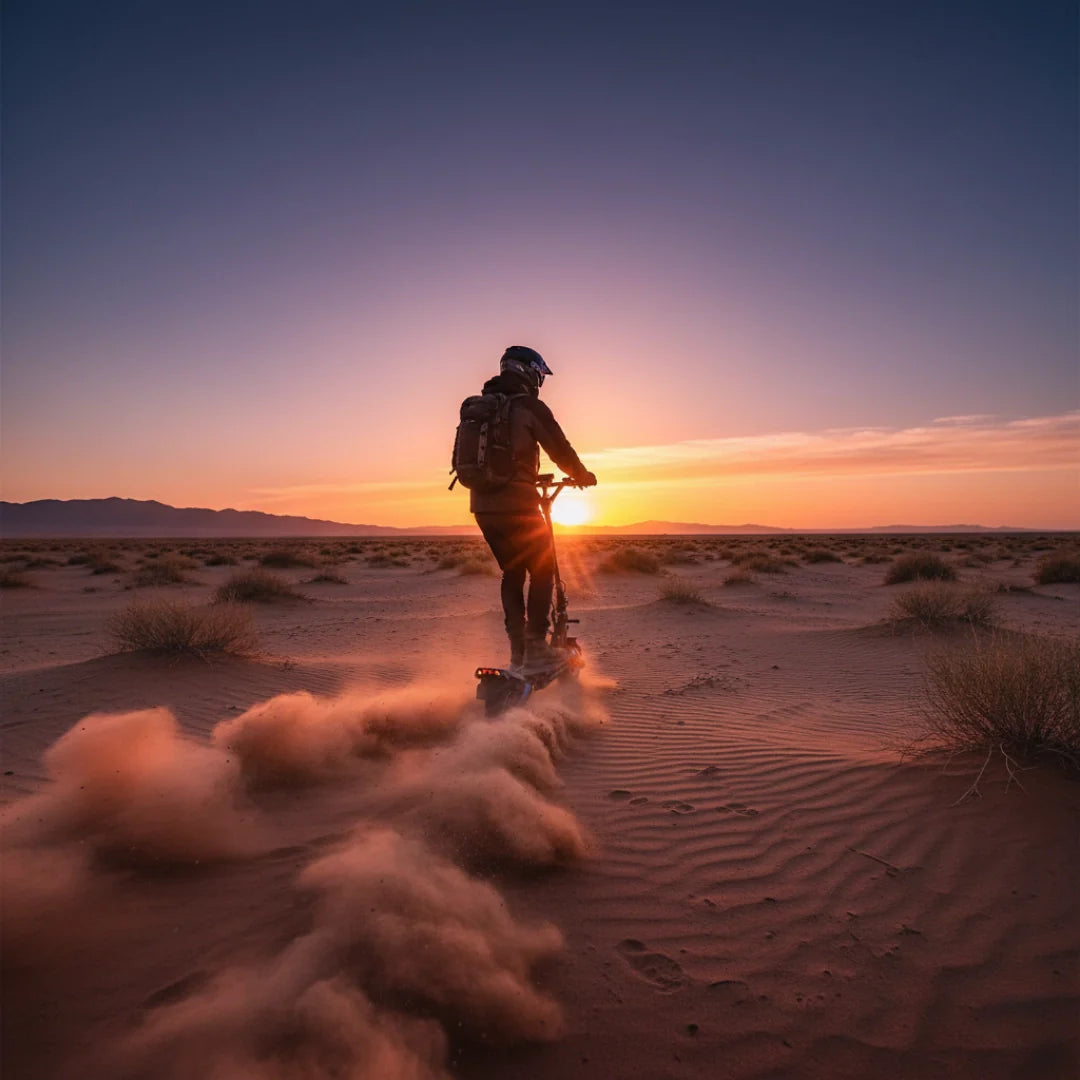 Electric scooter Dualtron Storm Limited – person riding in desert at sunset