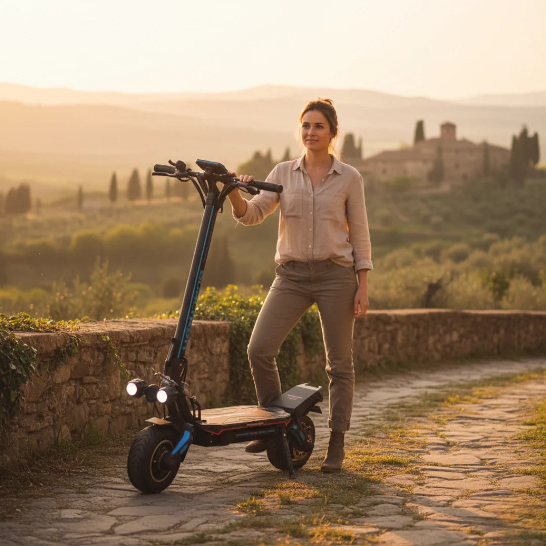 Electric scooter Dualtron Storm Limited – woman with scooter in rural setting