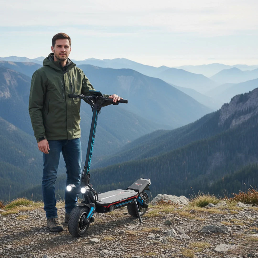 Electric scooter Dualtron Storm Limited – man with scooter in mountain landscape