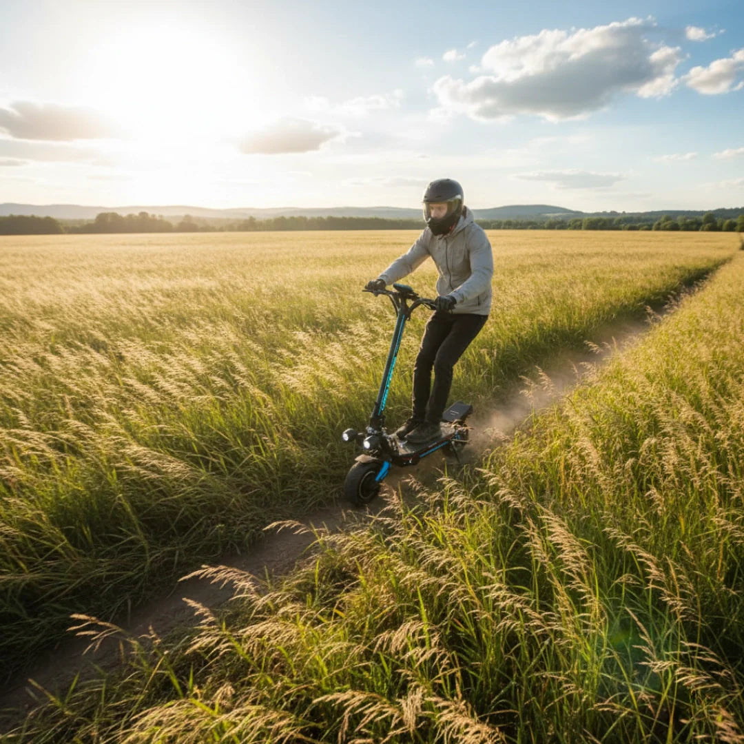 Electric scooter Dualtron Storm Limited – person riding through a field