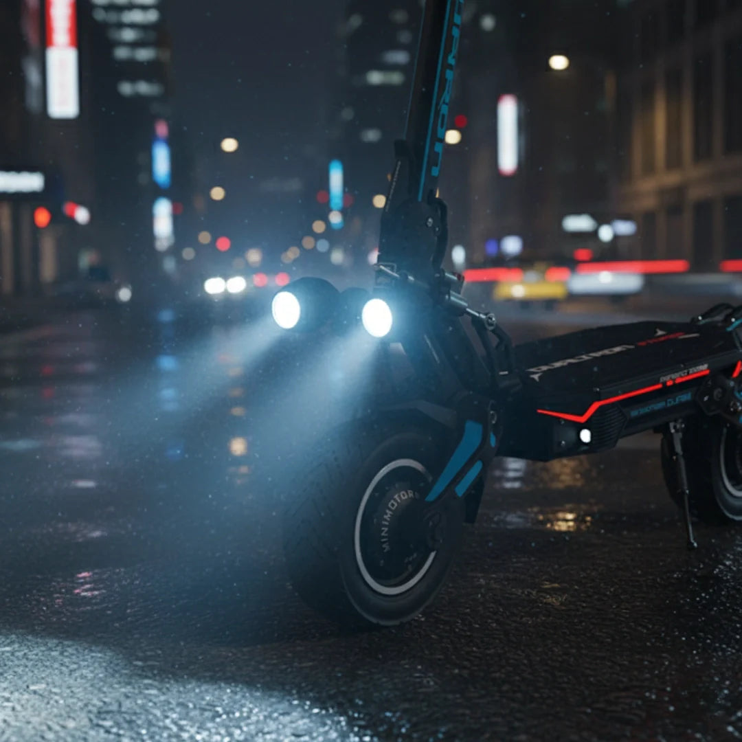 Electric scooter Dualtron Storm Limited – front view with headlights on wet street