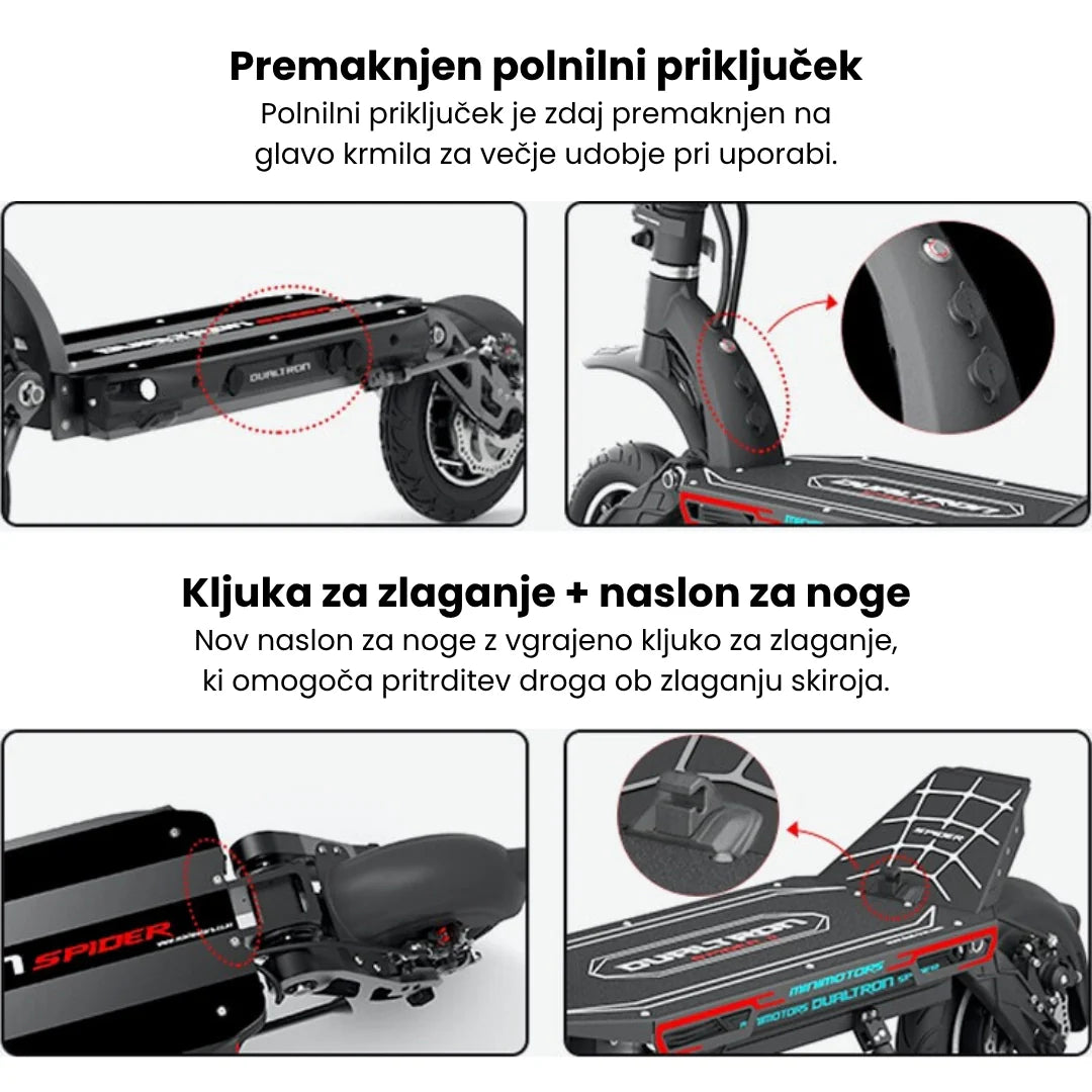 Electric scooter Dualtron Spider 2 – four detail views with Slovenian text