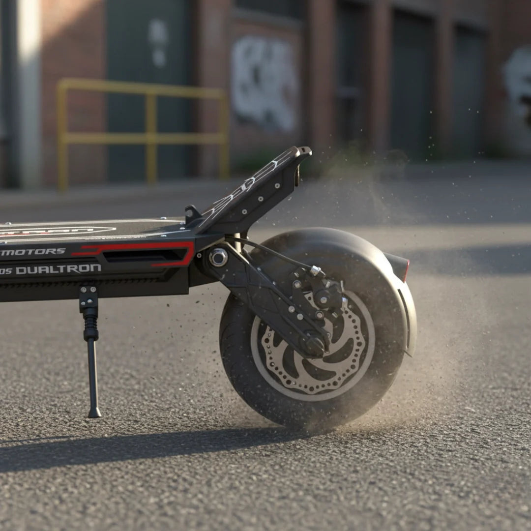 Electric scooter Dualtron Spider 2 – rear wheel and suspension close-up