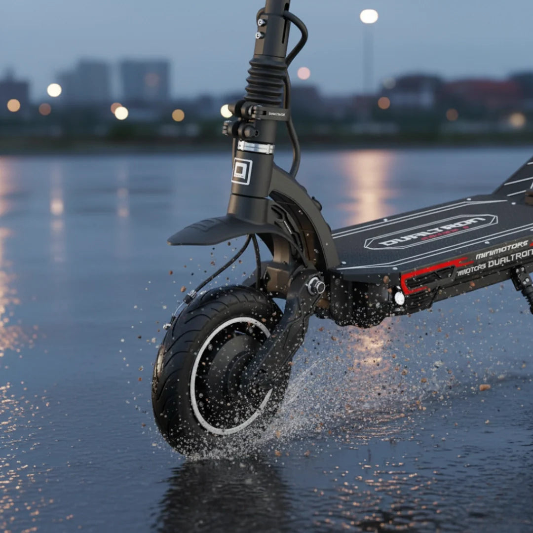 Electric scooter Dualtron Spider 2 – front wheel splashing water