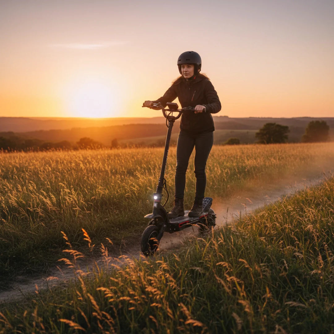 Electric scooter Dualtron Spider 2 – person riding through field at sunset