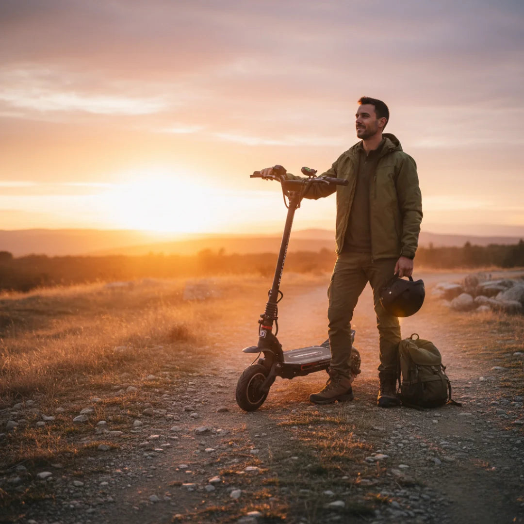 Electric scooter Dualtron Spider 2 – person standing with scooter at sunset