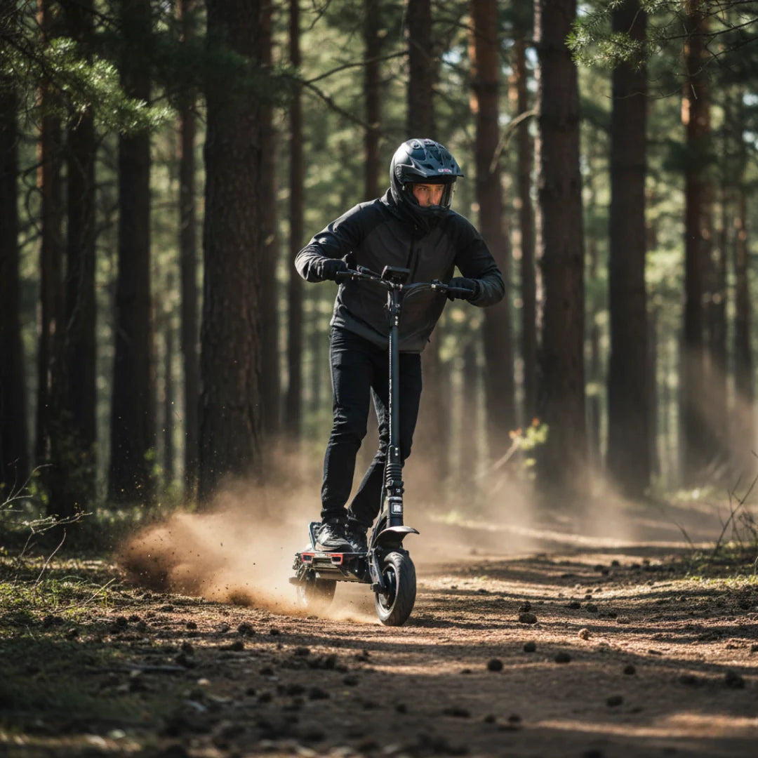 Electric scooter Dualtron Spider 2 – person riding through forest, kicking up dust