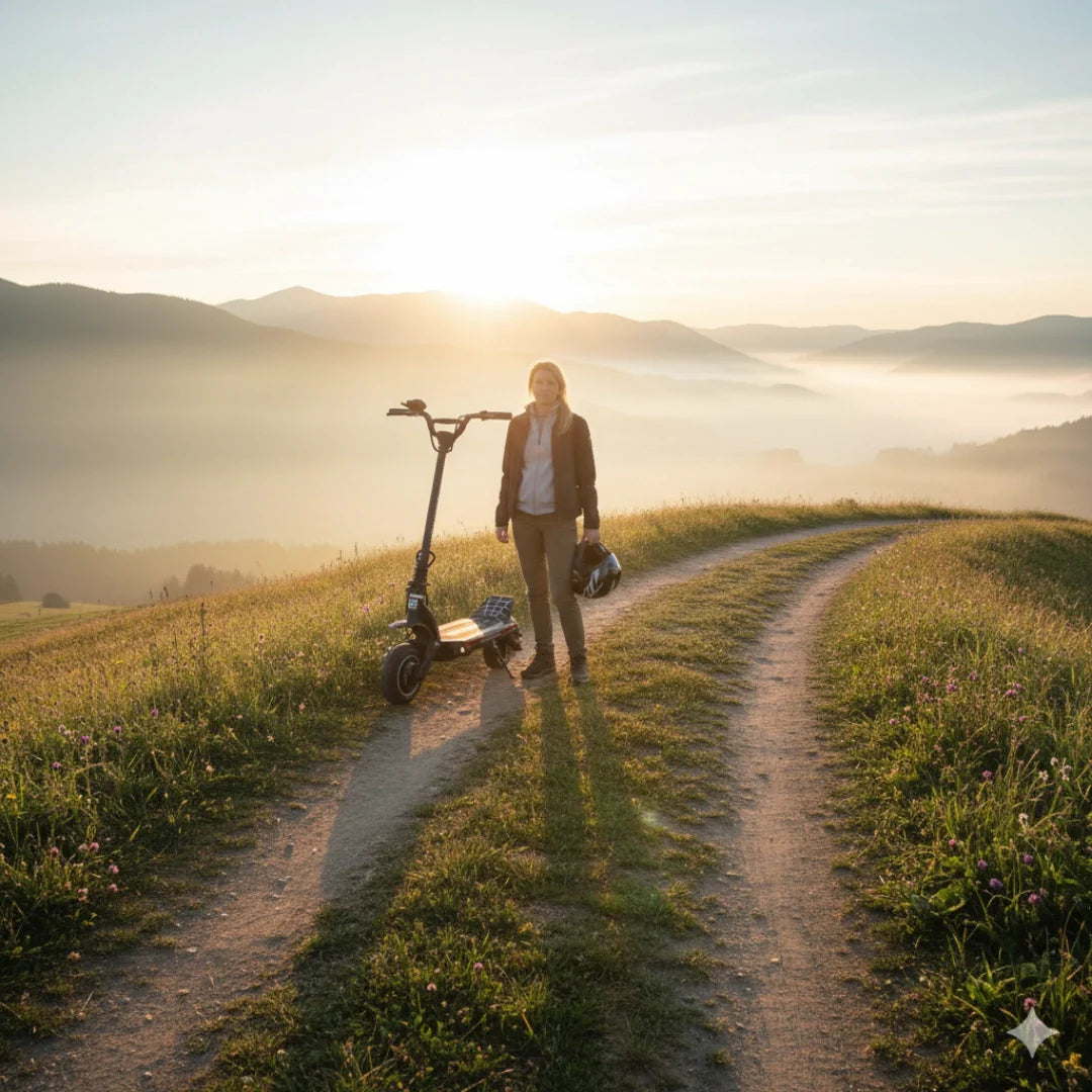 Electric scooter Dualtron Spider 2 – person standing with scooter on hill at sunrise