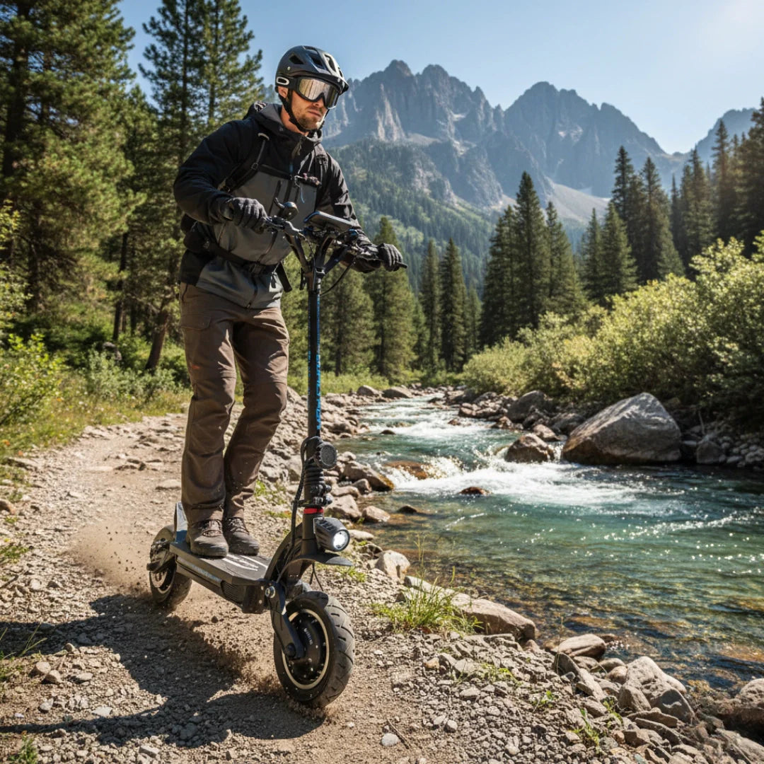 Electric scooter Dualtron Spider MAX – rider on dirt path by river
