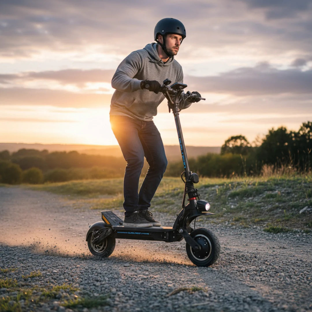 Electric scooter Dualtron Spider MAX – rider on gravel path at sunset