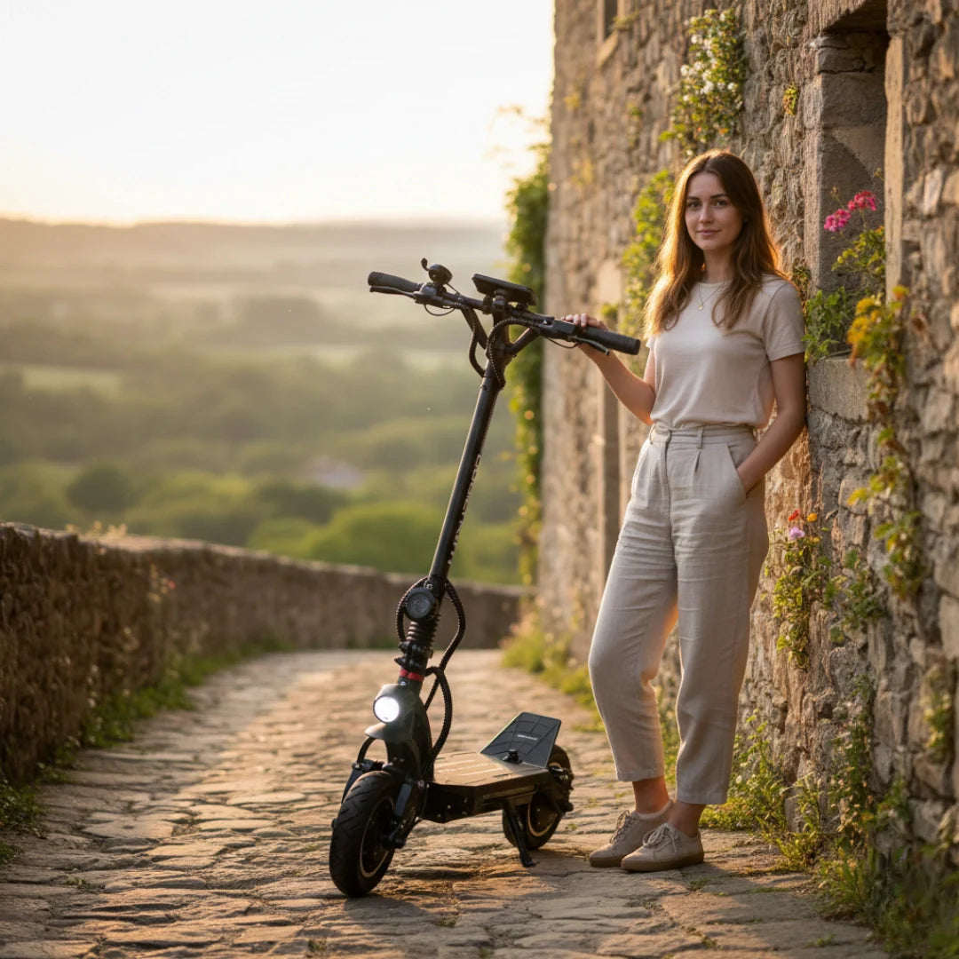 Electric scooter Dualtron Spider MAX – woman standing with scooter, stone wall