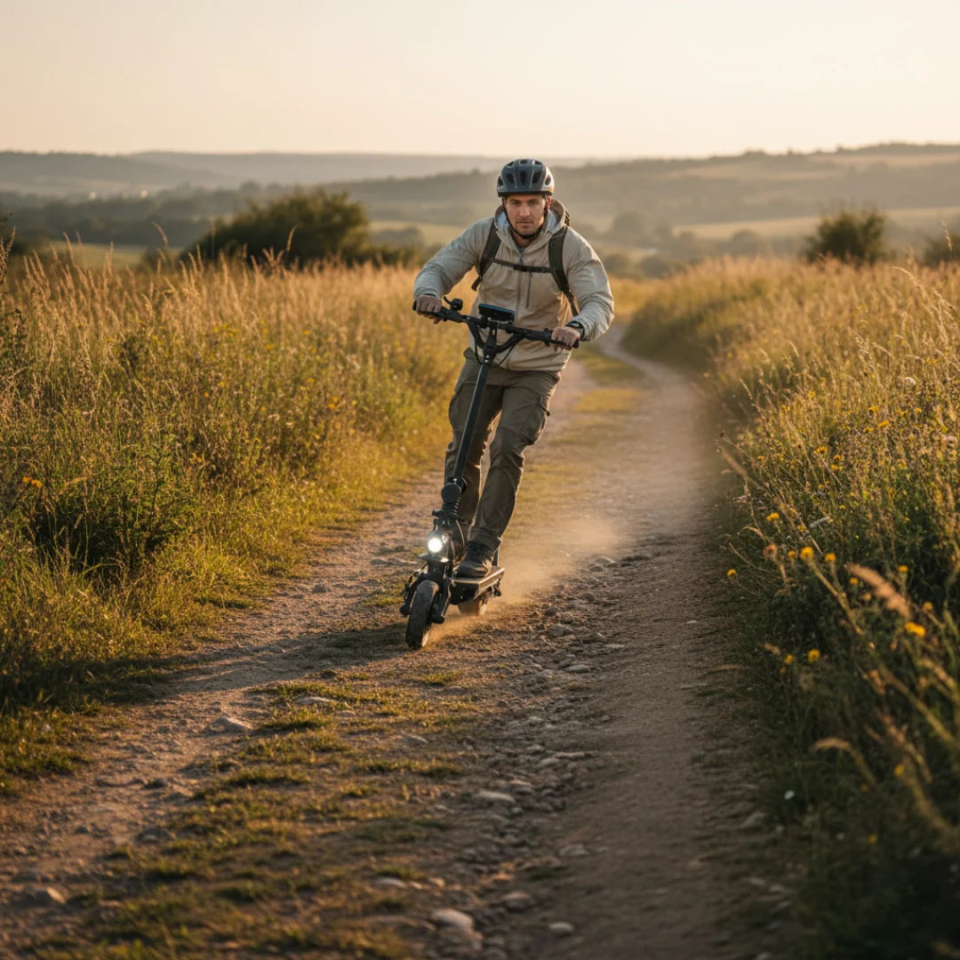 Electric scooter Dualtron Spider MAX – rider on dirt path through tall grass