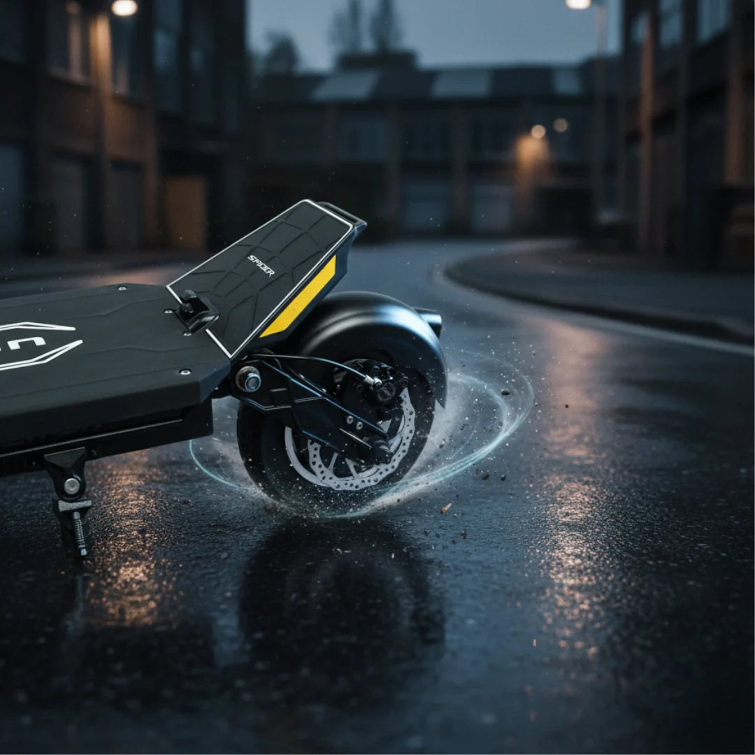 Electric scooter Dualtron Spider MAX – rear wheel spinning on wet asphalt