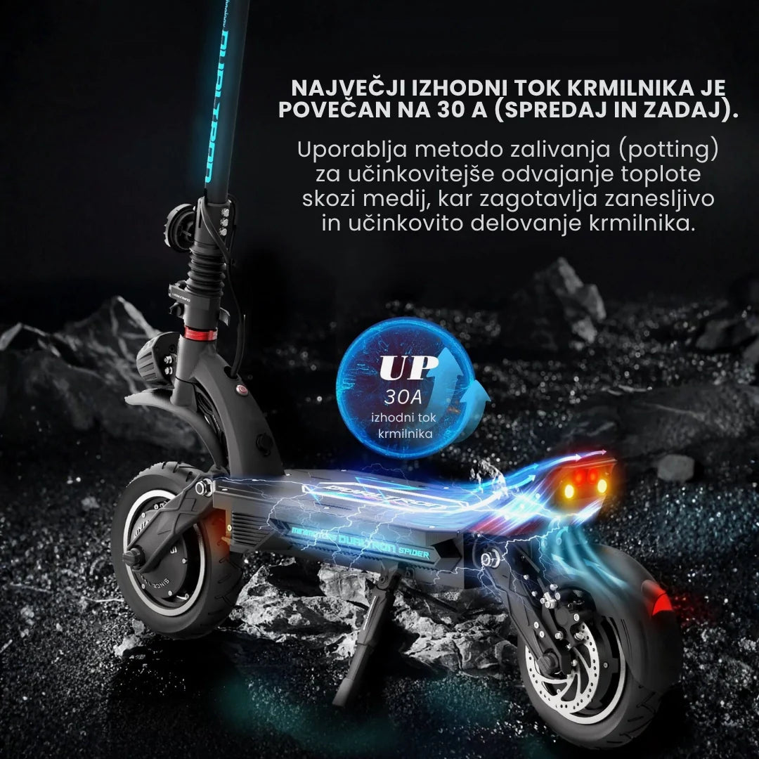 Electric scooter Dualtron Spider MAX – glowing internal components, Slovenian text overlay