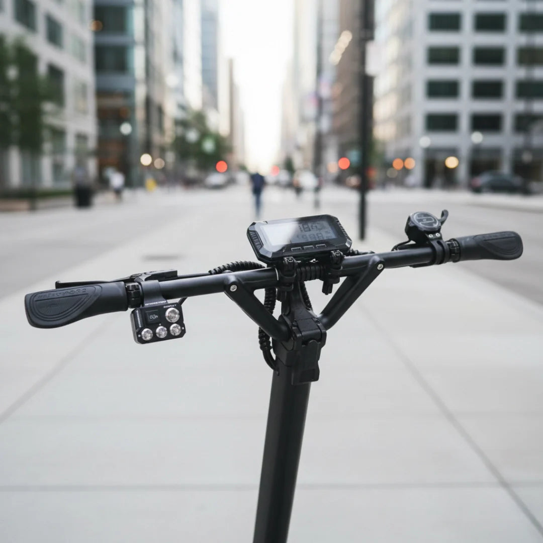 Electric scooter Dualtron Storm NEW – handlebar and display close-up in city