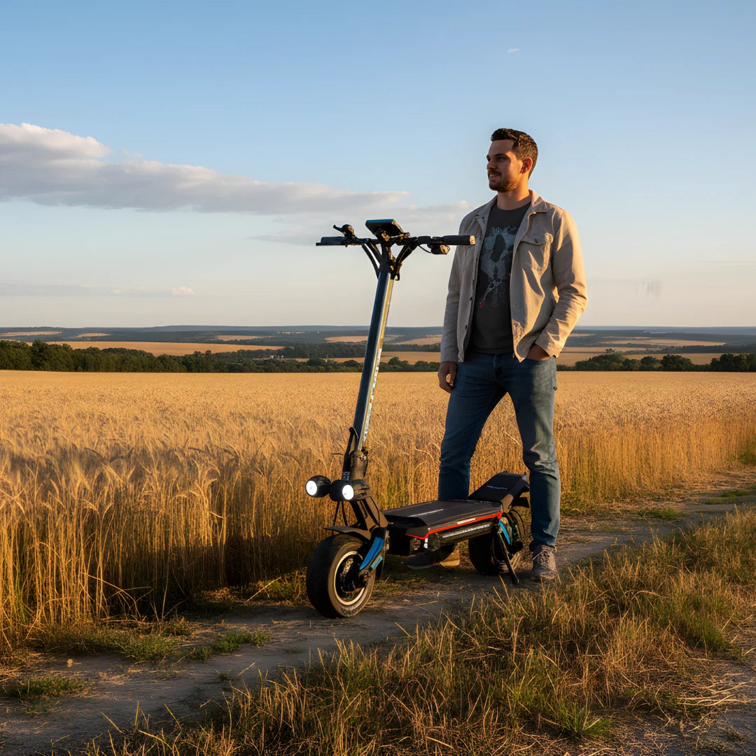 Electric scooter Dualtron Storm NEW – man standing next to scooter in field